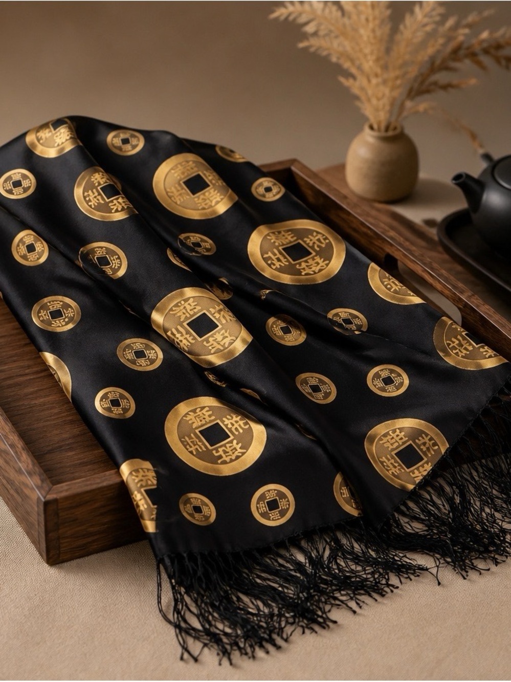 Men's Black & Gold Silk Scarf - Elegant Coin Pattern